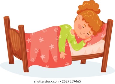 Red haired girl sleeping peacefully in her wooden bed covered with a blanket, enjoying a restful night's sleep in a cozy bedroom, promoting healthy sleep habits for children