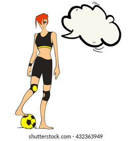 chica de cabello rojo con burbuja de habla jugando al fútbol