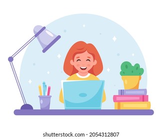 Red haired girl studying with computer. Online learning, back to school concept. Vector illustration