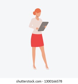 Red haired girl with tab. Presentation, meeting, casual wear. Can be used for topics like professional , work, job