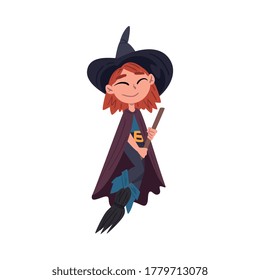 Red Haired Girl Witch Flying with Broom and Wearing Purple Cloak and Hat, Cute Halloween Cartoon Character Vector Illustration