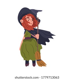 Red Haired Girl Witch Standing with Broom Wearing Green Dress and Hat, Cute Halloween Cartoon Character Vector Illustration