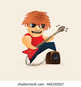 Red haired guy playing on electric guitar. Hard Rock musician. Funny cartoon character. Vector illustration