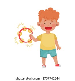 Red Haired Little Boy Playing Tambourine Vector Illustration