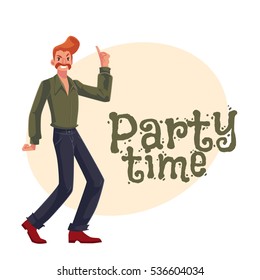 Red Haired Man In 1970s Style Clothes With Beehive Hair Style Dancing Disco, Cartoon Style Invitation, Greeting Card Design. Party Invitation, Advertisement, Young Man With Beehive Red Hair Dancing