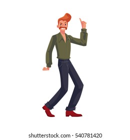 Red Haired Man In 1970s Style Clothes With Beehive Hair Style Dancing Disco, Cartoon Vector Illustration Isolated On White Background. Young Man With Beehive Red Hair Dancing At Retro Disco Party