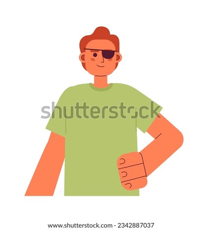 Red haired man with blindfold on eye semi flat color vector character. Editable half body self-assured man with disability on white. Simple cartoon spot illustration for web graphic design