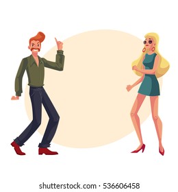 Red haired man and blond woman 1970s style clothes dancing disco, cartoon style vector illustration on background with place for text. Man with beehive and girl in short 1960s dress at retro party