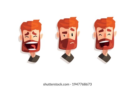 Red Haired Man with Different Face Expressions Set, Portrait of Young Bearded Man Cartoon Vector Illustration