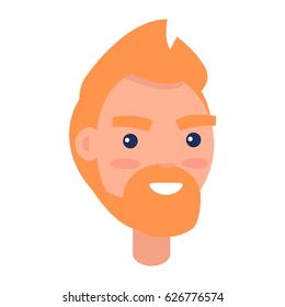 Red haired man face with pink cheeks front view isolated icon on white background. Cartoon young male character smiles with teeth. Modern man hairstyle example, avatar userpic vector illustration