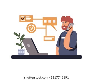 Red haired man talking on mobile and working as hotline operator. Online consultation in support service. Customer service communication. Call center worker. Vector