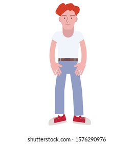 Red haired man wearing white t-shirt and light blue jeans. Vector isolated illustration.