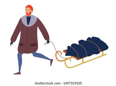 Red haired man wearing winter coat carrying fir tree on sleigh. Happy boy preparing spruce tree for Christmas and New Year holidays. Xmas scene illustration. Colorful vector in flat style