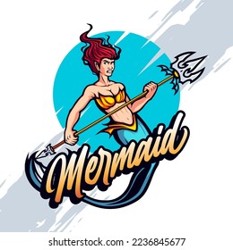 Red Haired Mermaid Trident Mascot