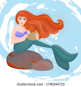 RED HAIRED MERMAID underwater sits on a stone and holds a shell in her hands this is a tropical marine vector illustration