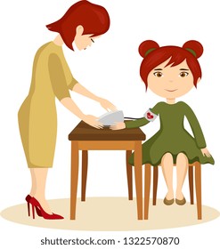 Red haired mother measures her daughter's blood pressure. Cartoon flat illustration about children health