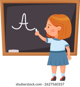 Red haired schoolgirl in uniform writing the letter a on a blackboard with chalk during a classroom lesson, embodying the back to school theme and the joy of learning