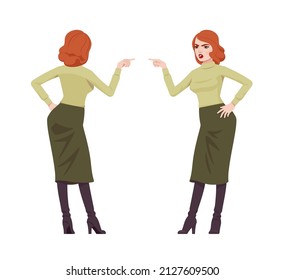 Red haired secretary woman, attractive redheaded business lady talking. Office work outfit, young elegant businesswoman. Vector flat style cartoon character isolated on white background, front, rear