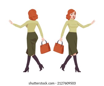 Red haired secretary woman, attractive redheaded business lady walking. Office work outfit, young elegant businesswoman. Vector flat style cartoon character isolated on white background, front, rear