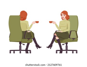 Red haired secretary woman attractive redheaded business lady coffee break. Office work outfit, young elegant businesswoman. Vector flat style cartoon character isolated on white background front rear