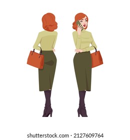 Red haired secretary woman, attractive redheaded business lady phone talk. Office work outfit, young elegant businesswoman. Vector flat style cartoon character isolated on white background front rear
