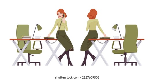 Red haired secretary woman, redheaded business lady posing at desk. Office work outfit, young elegant businesswoman. Vector flat style cartoon character isolated on white background, front, rear view