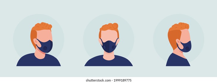 Red haired semi flat color vector character avatar with mask set. Portrait with respirator from front and side view. Isolated modern cartoon style illustration for graphic design and animation pack