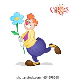 Red haired smiling clown with flower in hands drawn in cartoon style