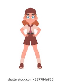 A red haired teenage girl in a beige and brown school uniform. The student is posing. Cartoon vector style.