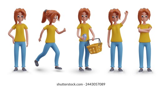 Red haired teenage girl in different poses. Vector realistic female character