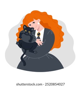 Red Haired Witch in Black Attire is Holding a Black Cat for Halloween