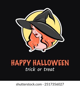 bruxa de cabelos vermelhos com chapéu preto como adesivo e texto Feliz Halloween, truque ou deleite em fundo preto. Design festivo para cartão de saudação, cartaz ou banner para Halloween.