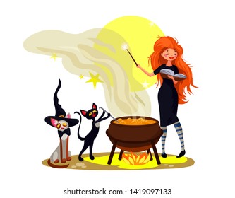 Red haired witch conjures at night on Halloween, 2 funny cats sing spell