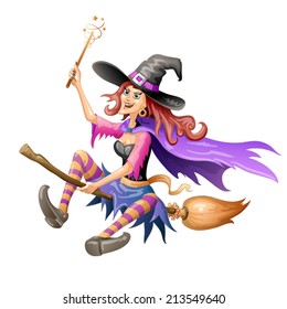 Red haired witch  flying on a broomstick over on white background