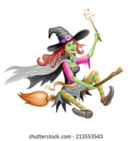 Red haired witch  flying on a broomstick over on white background