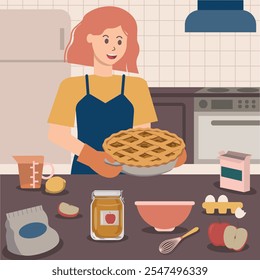 Red haired woman baking apple pie in the kitchen with baking ingredients and utensils