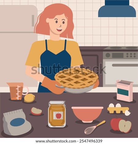 Red haired woman baking apple pie in the kitchen with baking ingredients and utensils