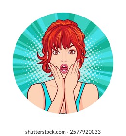 Red haired woman in a light blue top with a shocked face, hands on cheeks. Vibrant green blue dotted graphic background. Ideal for surprise or emotional themes