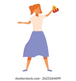 Red haired woman is standing and holding a toy rocket in her hand