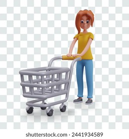 Red haired woman stands holding empty shopping cart. Buyer came to store