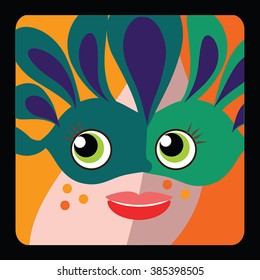Red haired woman wear green crown mask - funny personal icon, avatar, user picture, web site mascot. Vector women face in mask. Smiling young woman with freckle in mask -  vector user picture.