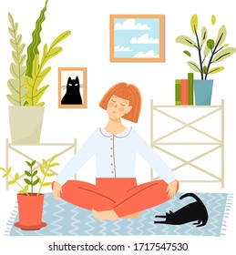 Red haired young woman doing yoga and meditation at home, sitting in lotus pose on yoga mat. Cozy house room interior with funny cat potted plants and girl relaxing alone. Vector flat picture.