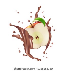 Red Half Apple Fruit Milk Chocolate Juice Yogurt Splash Illustration Isolated On White. Realistic Packaging Design Template Element. 3d Apple With Leaf Falling. Vector EPS10.