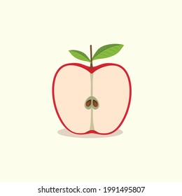 Red half apple vector flat design illustration, Cartoon style cut in half apple flat vector icon isolated on white background. Fresh half-cut apple symbol icon in flat style, Furits Vector