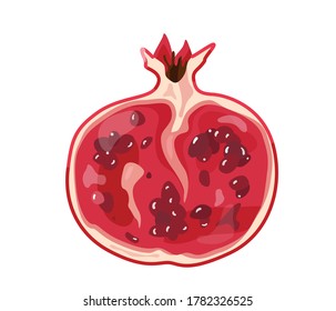 Rote Früchte aus Granatapfelfrüchten in hellfarbenem Cartoon, flach einzeln auf weißem Hintergrund. Gesunde Lebensmittel, Vektorgrafik. Konzept der biologischen Mahlzeit.