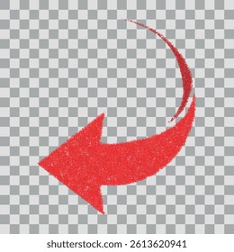 Red halftone arrow pointing down and left, direction symbol for app, website, ui. Modern vector illustration isolated on transparent background