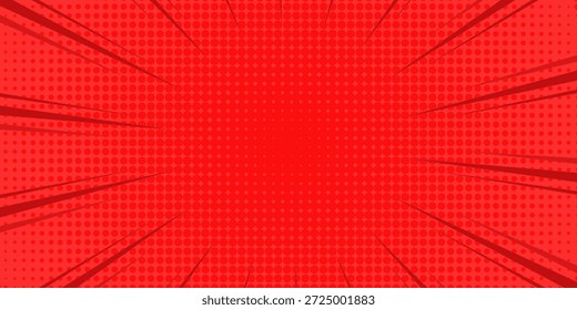 Red halftone comic background with radial fast lines. Vector illustration. Suitable for comics, presentations, posters, etc.