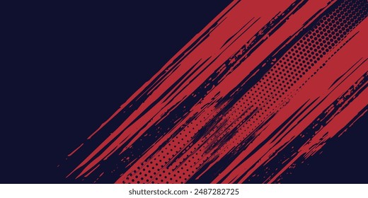 Fondo de textura de grunge degradado de patrón de color azul de puntos de semitonos rojos. Ilustración vectorial de estilo deportivo de cómic de arte pop punto