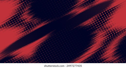 Fondo de textura grunge de gradiente de patrón de color azul de puntos de semitono rojo. Vector de estilo deportivo de cómic de arte pop de punto