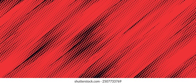 Fondo de textura grunge de gradiente de patrón de color azul de puntos de semitono rojo. Ilustración vectorial de estilo deportivo de cómic de arte pop de punto